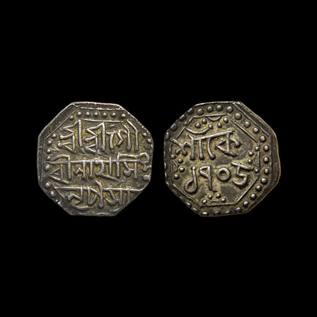 Assam, Silver 1/4 Rupee, 2.80gm, Gaurinath Simha/Sahitpanpha, Obv: Sri Sri Gau/rinatha Sim