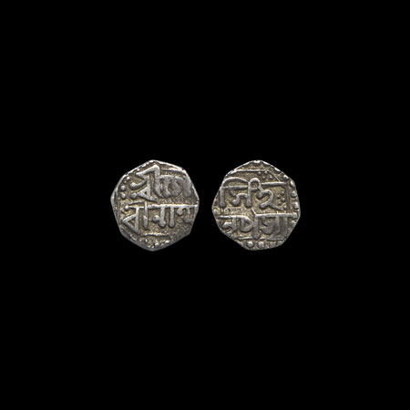 Assam, Silver 1/16 Rupee, 0.70gm, Gaurinath Simha/Sahitpanpha, Undated, Obv: Sri Sri gau/r