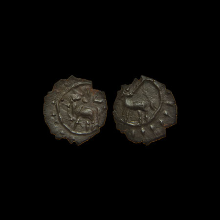 Pallavas of Kanchi (c. 500 AD), Potin Unit, 1.20gm, Obv: humped bull standing left above t