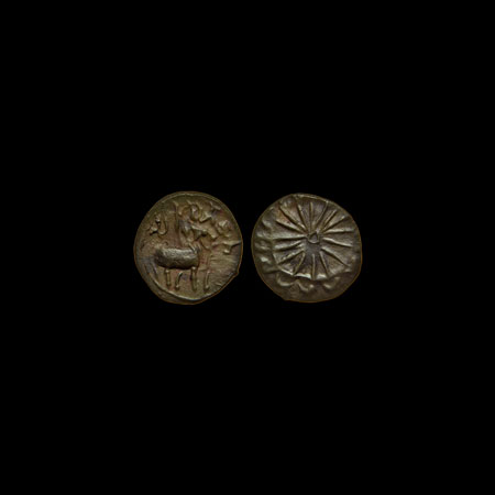 Pallavas of Kanchi (c. 500 AD), Potin Unit, 1.26gm, Obv: humped bull standing right above 