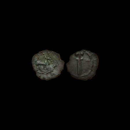 Pallavas of Kanchi (c. 500 AD), Potin Unit, 0.65gm, Obv: humped bull standing right above 