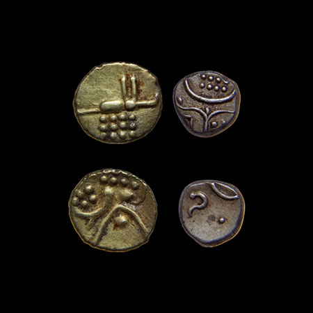 Coorg State, Gold and Silver Fanam (2), crude figure of kali on obv. Vira Raya on rev. KM 