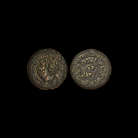 Mysore, Copper 6 1/4 Cash, 2.75gm, Dewan Purnaiya mythical lion on obv., error in the word