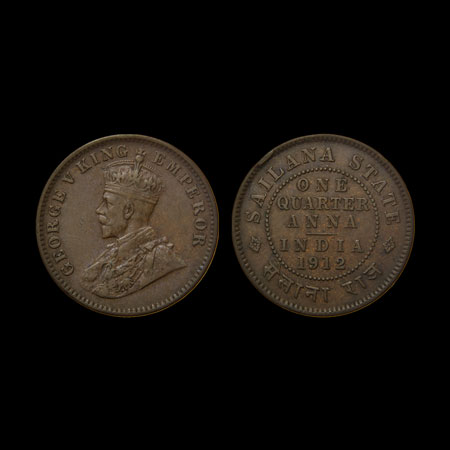 Sailana, Copper 1/4 Annas, Jaswant Singh (1890-1918 AD), 1912, with the name and portrait 