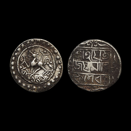 Tripura, Silver Rupee, 10.40gm, Jaya Manikya (SEc 1495-1499/c1573-1577 AD), Obv: Lion faci