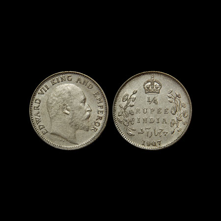 Edward VII, Silver 1/4 Rupee, 1907, Calcutta Mint, F.Prid. 436. About Unc, Scarce.