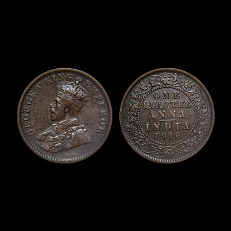 George V, Copper 1/4 Anna, 1916, Calcutta Mint, F.Prid. 661. Very Fine, Scarce.