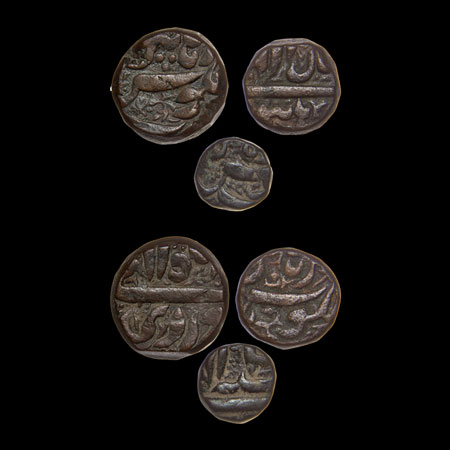 Akbar, Copper Dam,1/2 Dam, 1/4 Dam, (3), Burhanpur Mint. A. Liddle C44 type. Fine, Rare.