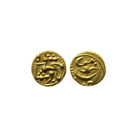 Muhammad Shah, Gold Pagoda, 2.74gm, Guti Mint, AH 1178. KM 439c.2. Very Fine, Rare.