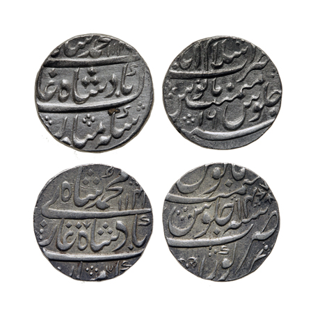 Muhammad Shah, Silver Rupee (2), Islamabad AH 114x-RY 16, Kora AH 1141-RY 14, KM 436.28, o