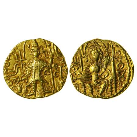 Kushanas, Vashishka, Gold Dinar, 7.76gm, Obv: King standing left, holding a trident in rig