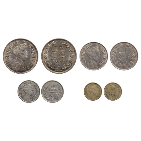 Baroda, Set of 4 Silver Coins, Rupee(VS1951), 1/2 Rupee(VS1951), 4 Annas(VS1951) & 2 Annas