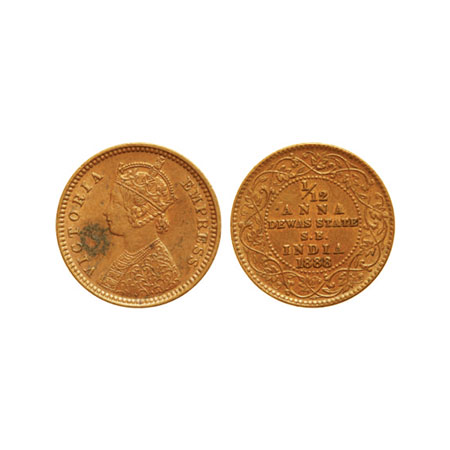 Dewas Senior, Copper 1/12 Anna, Krishnaji Rao ( 1860-1899 AD) 1888AD, with the name of Vic