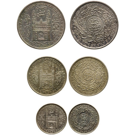 Hyderabad, Silver (3), 1/2 Rupee, 1/4 Rupee, 1/8 Rupee, Mir Usman Ali Khan (AH 1329-1368/1