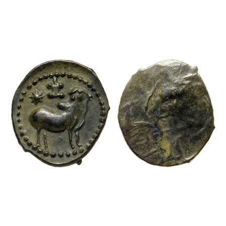 Pallavas of Kanchi (5th Cent. AD), Bronze unit, 3.53gm, Obv: Bull above on the left star a