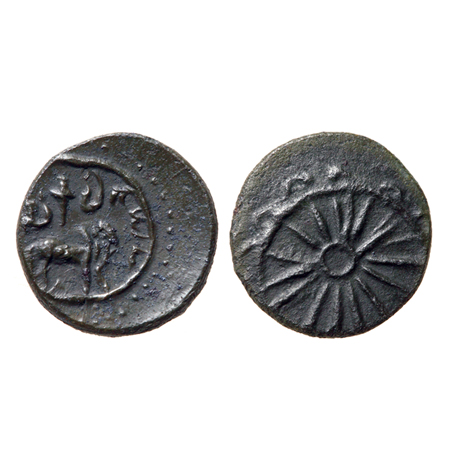 Pallavas of Kanchi (5th Cent. AD), Bronze unit, 1.38gm, Obv: Bull above Brahmi legend 'Sak