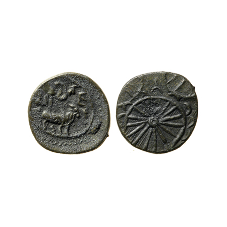 Pallavas of Kanchi (5th Cent. AD), Bronze unit, 1.20gm, Obv: Bull above Brahmi legend 'Sak