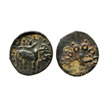 Pallavas of Kanchi, Bronze unit, 1.84gm, Obv: Bull above traces of legend or symbol, Rev: 