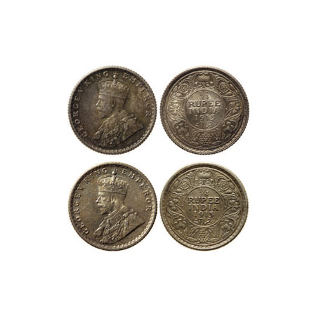 George V, Silver 1/4 Rupee, (2) 1913, Calcutta & Bombay Mint. F.Prid 442 & 455. Unc, Rare.