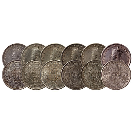 George V, Silver 1/2 Rupee, (6) 1933, Calcutta Mint, F.Prid 333, and 1917, 1918 1919, 1924