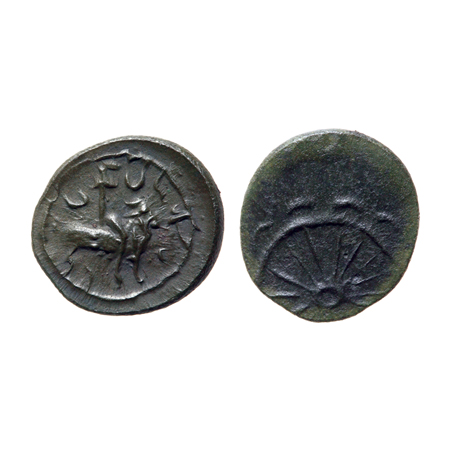 Pallavas of Kanchi , Bronze unit, 1.94gm, Obv: Bull above Brahmi legend 'Pakapituku' Rev: 