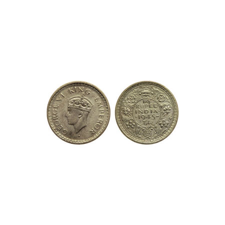George VI, Half Silver 1/4 Rupee, 1945, Lahore Mint, Large 5, Type II. F.Prid 479. About V