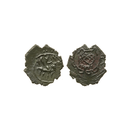 Pallavas of Kanchi, Bronze unit, 1.45gm, Obv: Bull above Brahmi legend, Rev: decorative po