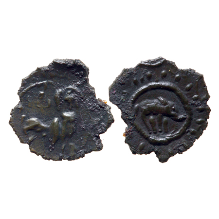 Pallavas of Kanchi, Bronze unit, 1.03gm, Obv: Standing bull facing right, Rev: Varaha or b