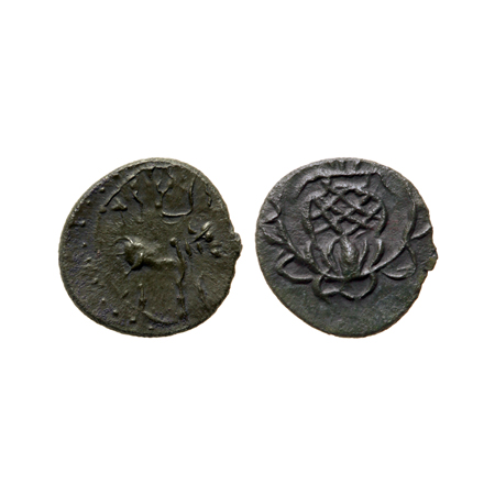 Pallavas of Kanchi, Bronze unit, 1.13gm, Obv: Bull above Brahmi legend, Rev: decorative po