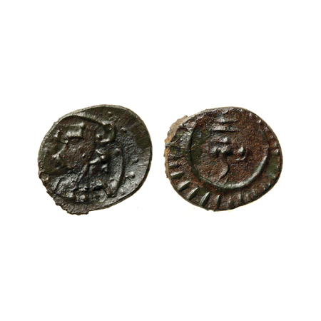 Pallavas of Kanchi, Bronze unit, 1.04gm, Obv: Crude figure of bull, Rev: Conch. Very Fine,
