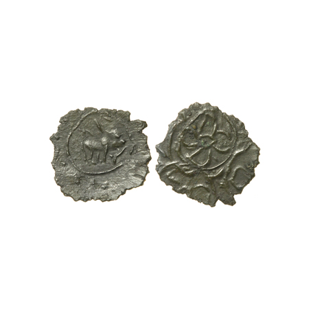 Pallavas of Kanchi, Bronze unit, 0.35gm, Obv: Bull facing right, Rev: flower. Very Fine, R