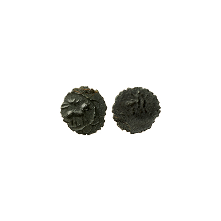 Pallavas of Kanchi, Bronze Unit, 0.42gm, Obv: Standing bull facing right, Rev: Elephant. V