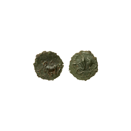 Pallavas of Kanchi, Bronze Unit, 0.41gm, Obv: Standing bull facing right, Rev: Two fishes 