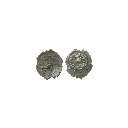 Pallavas of Kanchi, Bronze Unit, 0.36gm, Obv: Standing bull facing right, Rev: Temple betw