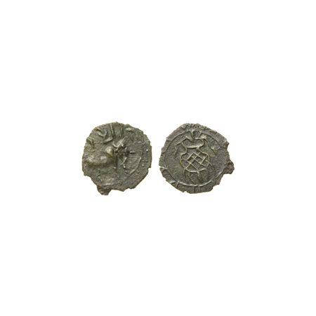 Pallavas of Kanchi, Bronze Unit, 0.47gm, Obv: Standing bull facing right, Rev: Decorative 