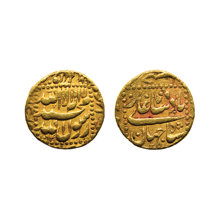 Shah Jahan I, Gold Mohur, 10.92gm, Burhanpur Mint, AH 1064/RY 28. KM 260.6. Extra Fine, Sc