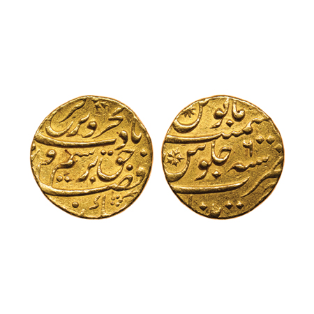 Farrukhsiyar, Gold Mohur, 10.92gm, Khujista Buniyad Mint, RY 6. KM 390.19. Extra Fine+, Ra