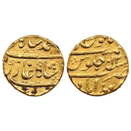 Muhammad Shah, Gold Mohur, 10.90gm, Muazammabad Mint, AH 114X/RY 12. KM 438.16. About Extr