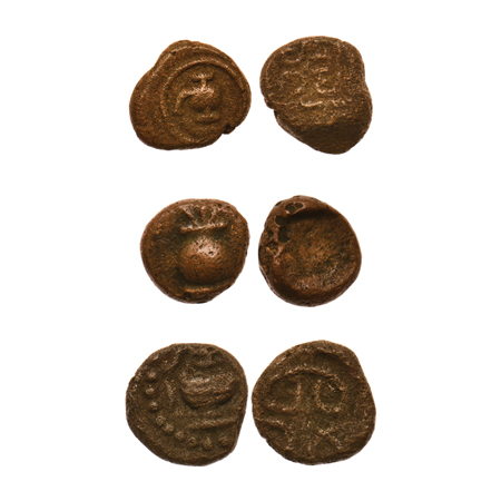 Nayakas of Madurai (3), Copper Units, 1601-1736AD, Kalash, 0.97gm, Jar 0.74gm, hukka 1.60g
