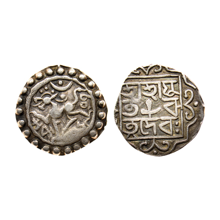 Tripura, Silver 1/4 Tanka, 2.50gm, Ratna Manikya (1676-1685 AD), Obv: Lion left, crescent 