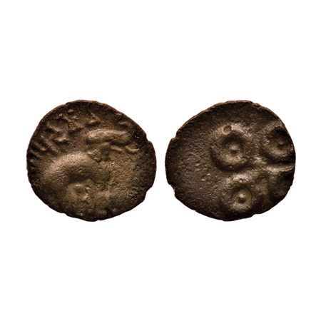 Satavahanas, Pulumavi (c. 78-114), Banavasi Region, Potin Unit, 1.98gm, Obv: Elephant stan