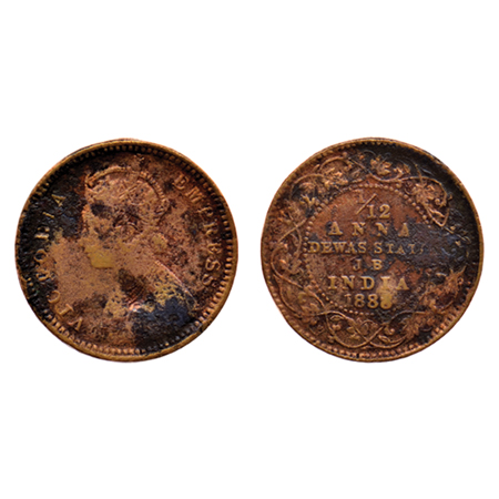 Dewas Junior, Copper 1/12 Anna, Narayan Rao (1864-1892 AD), in the name and portrait of Vi