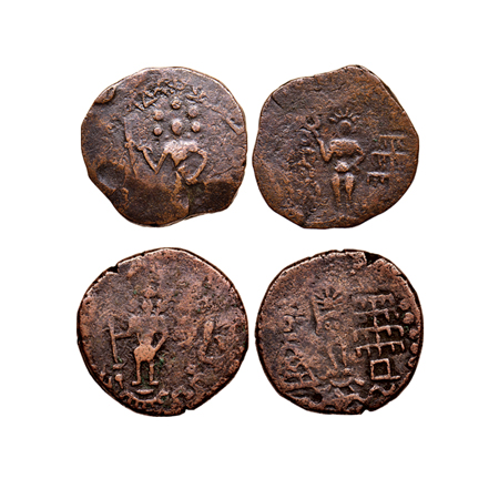 Kunindas Tribes of Punjab, Copper Drachma (2), Obv: Six headed standing karttikeya holding