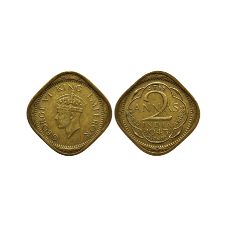 George VI, Nickel Brass 2 Annas 1943/Bombay Mint, Large 3, F. Prid 919, unlisted type. Ver