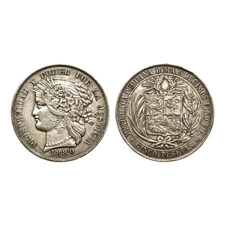 Peru, Silver Cinco (5) Peseta, 24.63gm, 1880AD, Obv: Coat of arms in wreath and REPUBLICA 