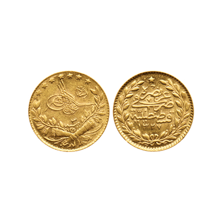 Turkey, Gold 25 Kurush, 1.77gm, AH 1327/3, Muhammad V, Obv: Toughra. ' Reshat' to right, R