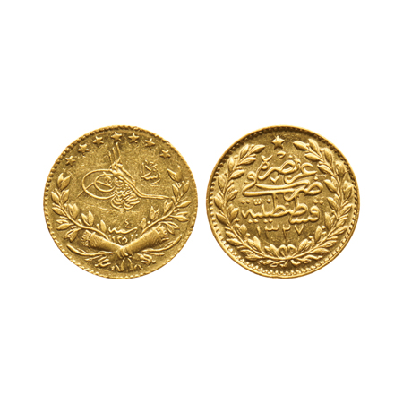 Turkey, Gold 25 Kurush, 1.80gm, AH 1327/5, Muhammad V, Obv: Toughra. ' Reshat' to right, R
