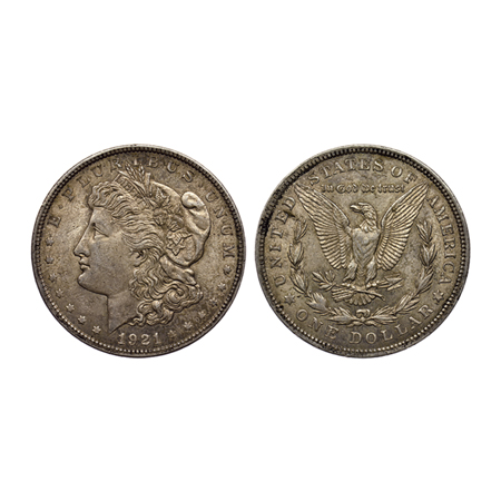 USA Dollar, Silver Morgan Dollar, 26.62gm, 1921 AD, Laureate head left, date below flanked
