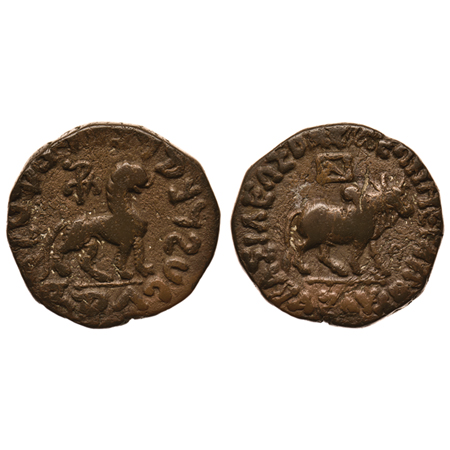 Indo-Scythians, Azes II, Copper Drachma, 12.82gm, Obv: Lion standing to right, around Gree