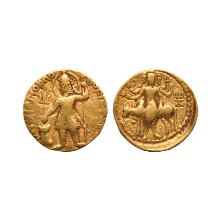 Kushanas, Vasudeva (c. AD 192-225), Gold Dinar, 7.35g, Obv: King nimbate standing left, ho